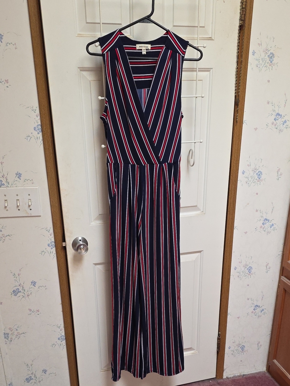 Monteau Navy Striped Sleeveless Jumpsuit with Red & White Accents